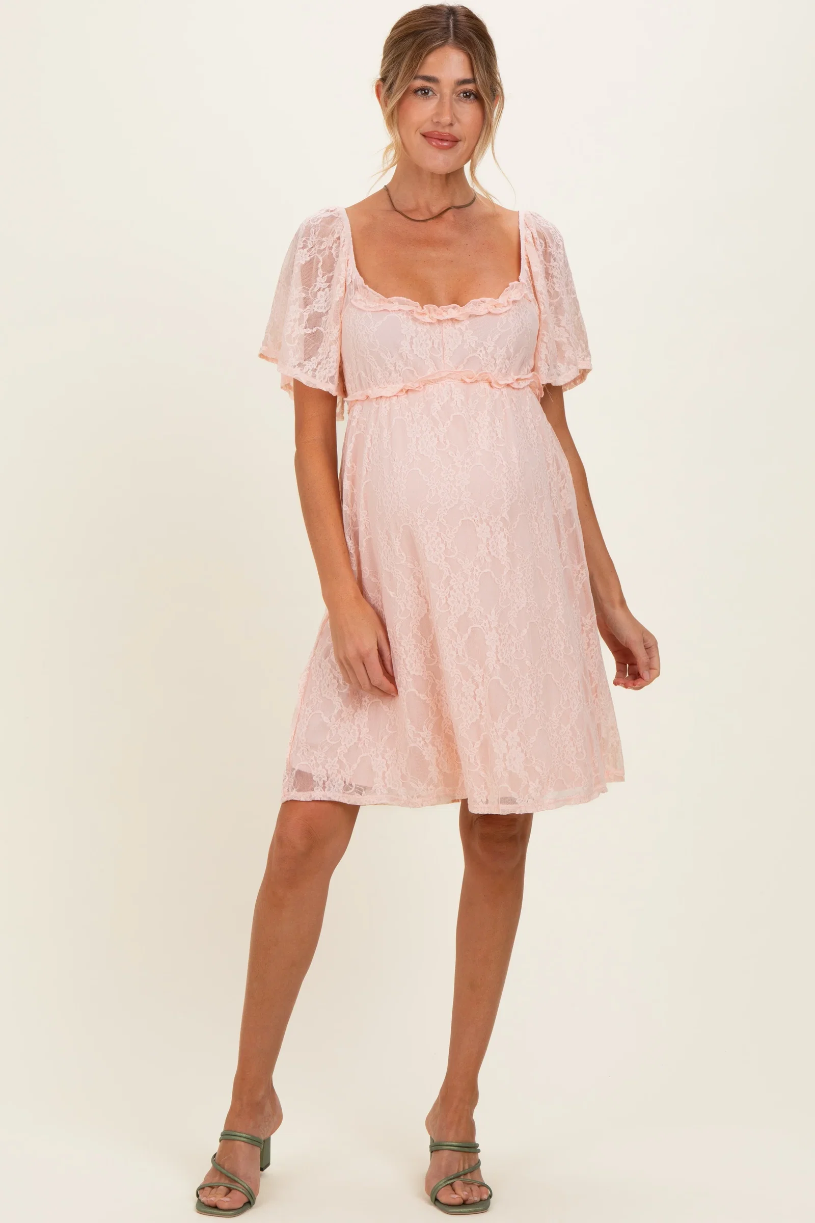 Image of Peach Floral Lace Square Neck Ruffle Trim Maternity Maxi Dress