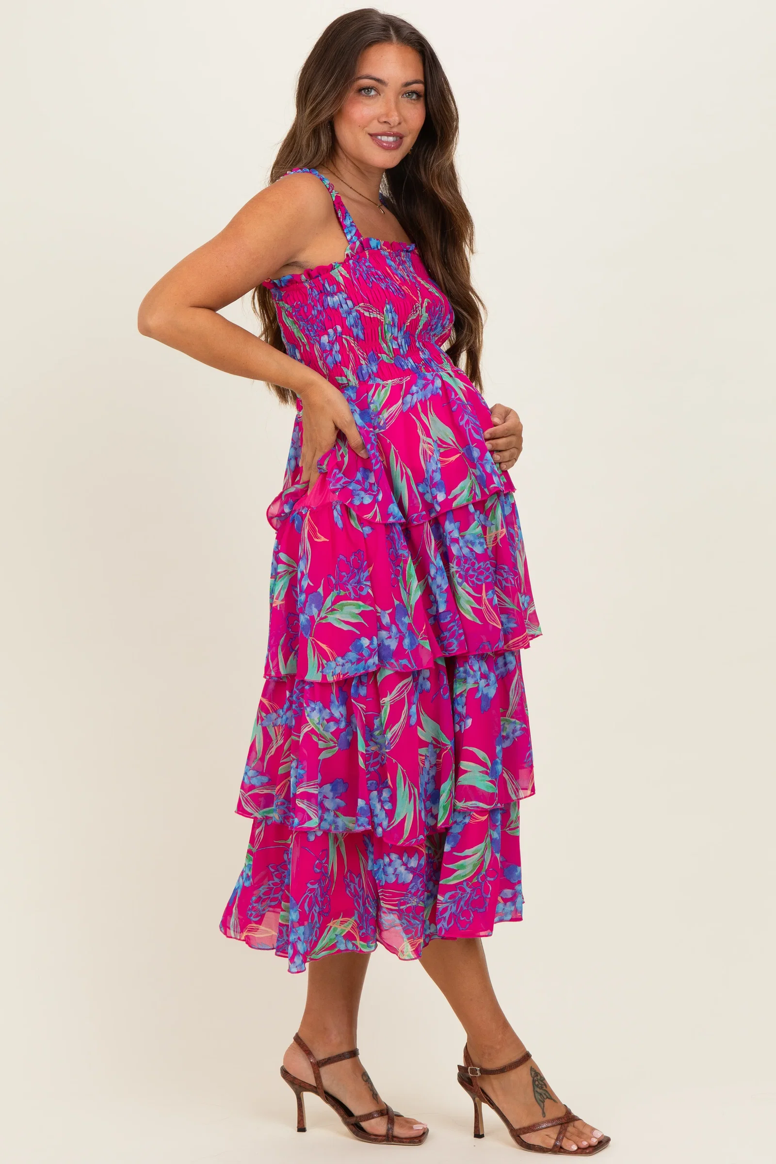 Image of Fuchsia Floral Smocked Tiered Maternity Midi Dress