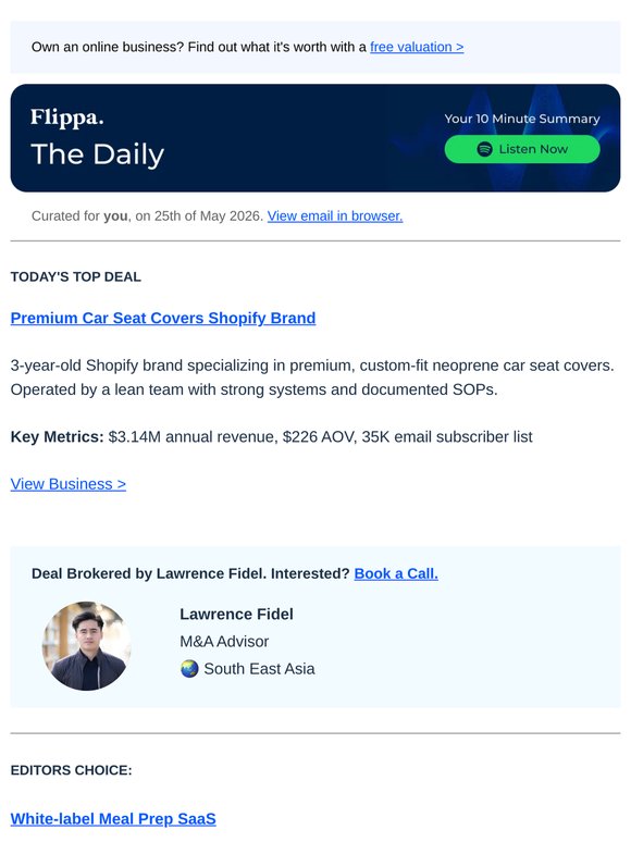 $3.1M Car Accessory Brand + $31K MRR Meal Prep SaaS + 1.1M Subs Anime YT Channel