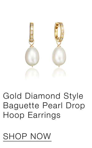 Gold Diamond Style Baguette Pearl Drop Hoop Earrings