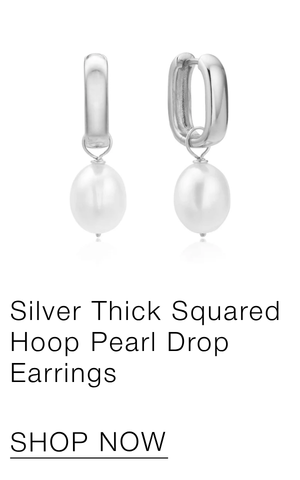 Silver Thick Squared Hoop Pearl Drop Earrings