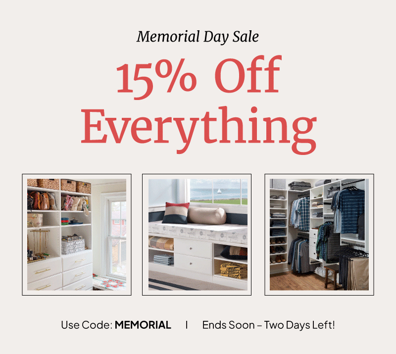 15% off everything Memorial Day Sale! Use code: MEMORIAL. Sale ends soon – two days left! 