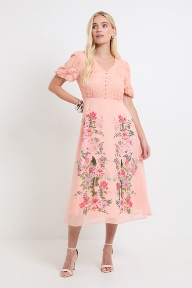 Petite Floral Lace Button Midi Dress