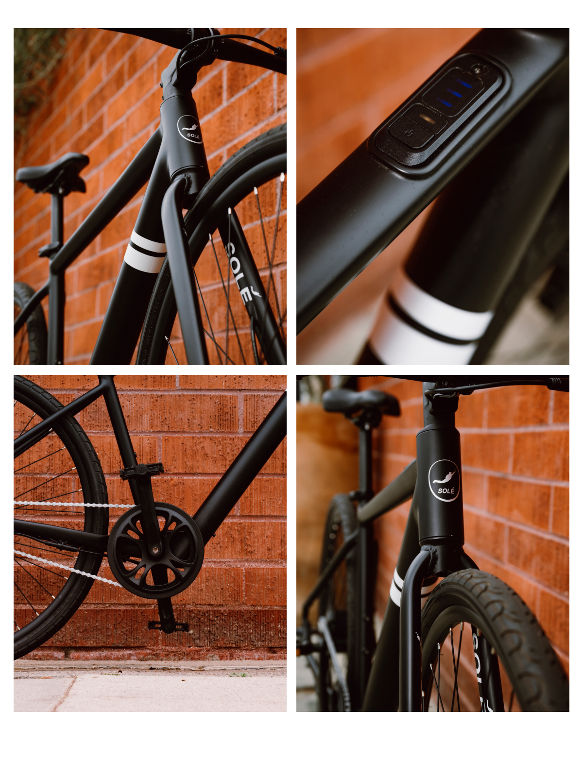 Close-up views of an electric bicycle showing the frame, handlebars, and gear components.