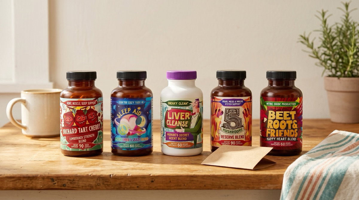 Hippie Farms supplement bottles on a warm kitchen counter