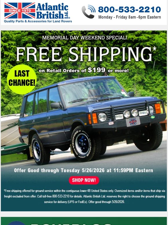 ENDS SOON - FREE Shipping on Retail Orders of $199+ at RoverParts.com