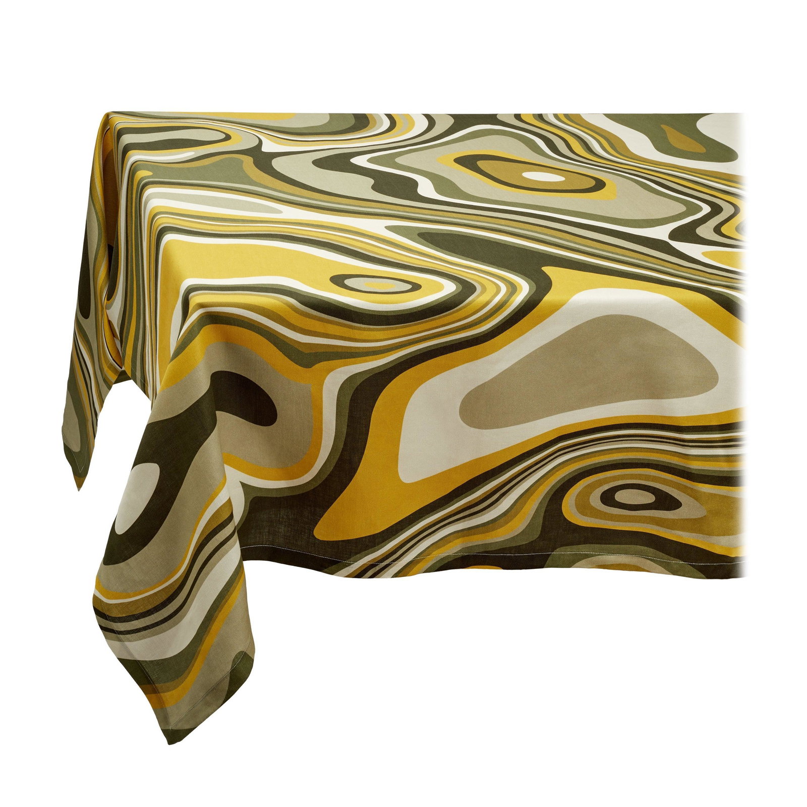 Image of Linen Sateen Waves Tablecloth - Green + Yellow