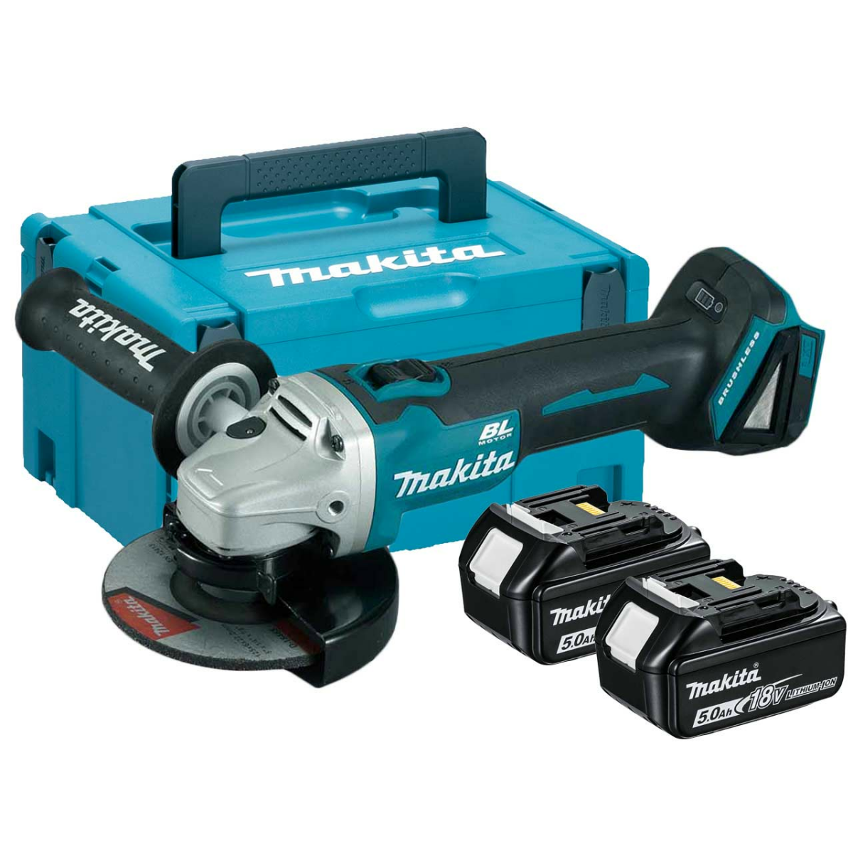 Makita DGA506RTJ 18V Li-Ion Accu haakse slijper set (2x 5.0Ah accu) in Mbox - 125mm - koolborstelloos - softstart