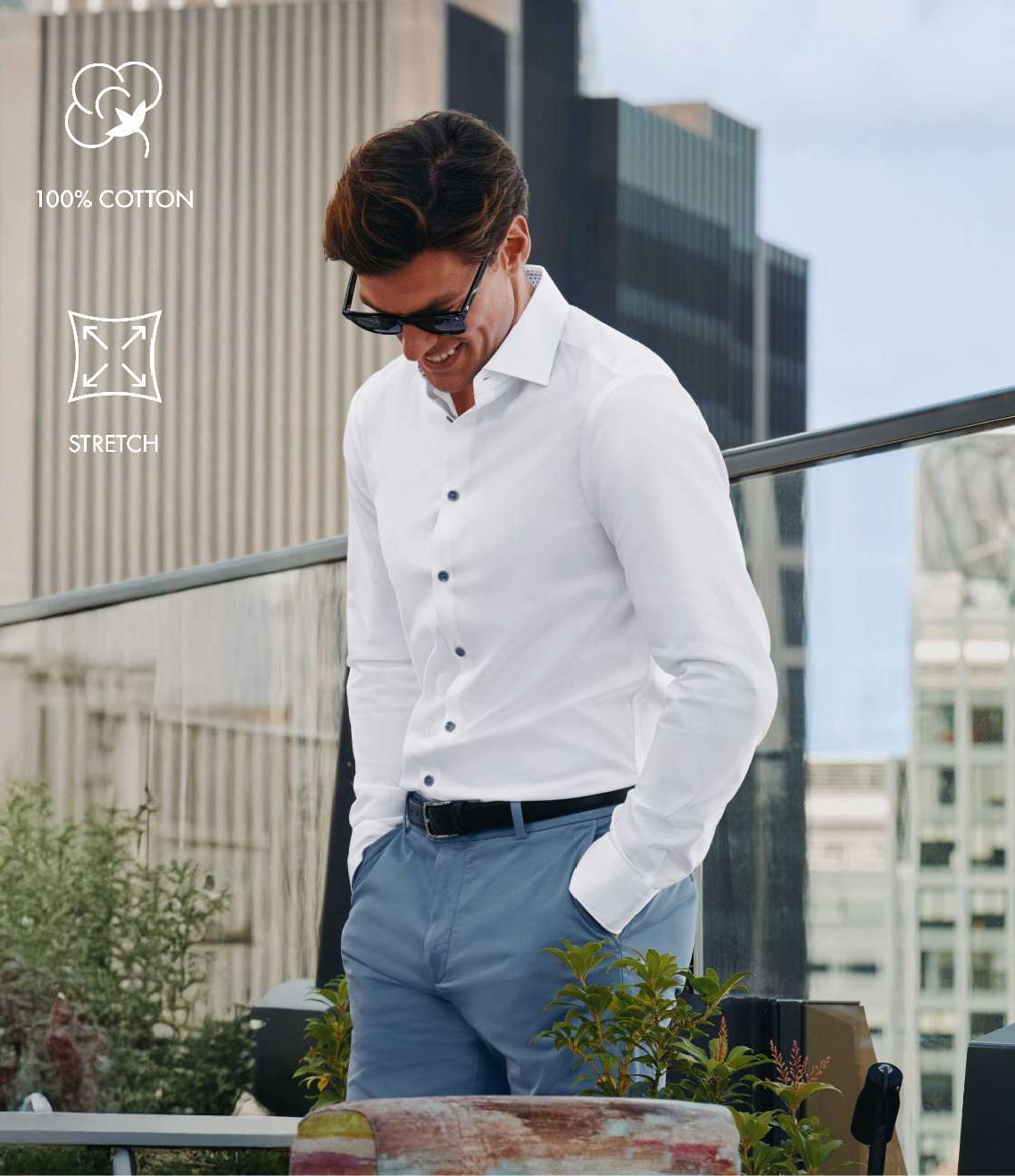 Non-Iron Stretch Printed Trim Shirt - White