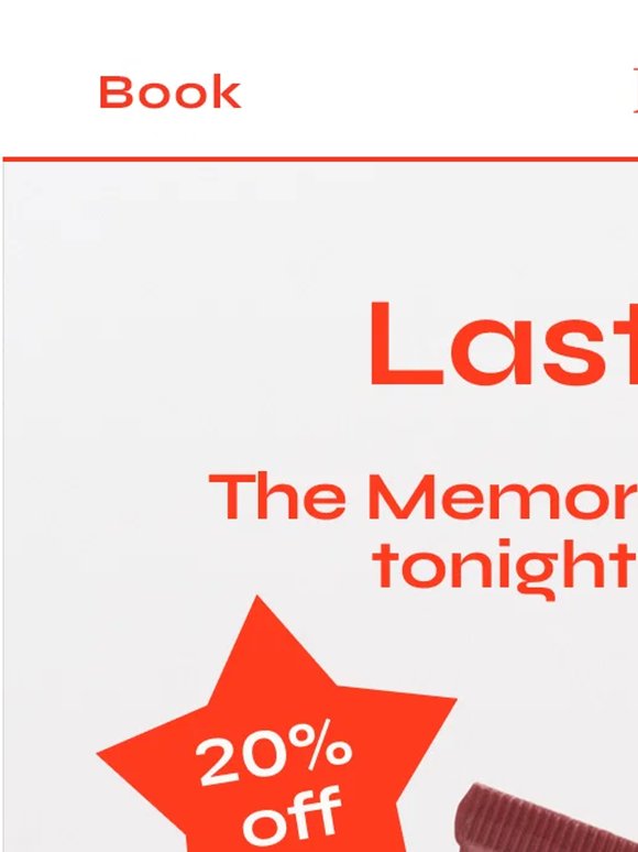 Ends Tonight Final Hours: 20% Off Memorial Day Sale