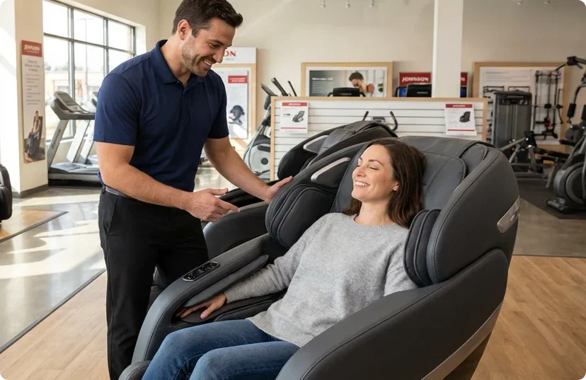 JFW customer rep helps Woman try out massage chairs in the JFW showroom
