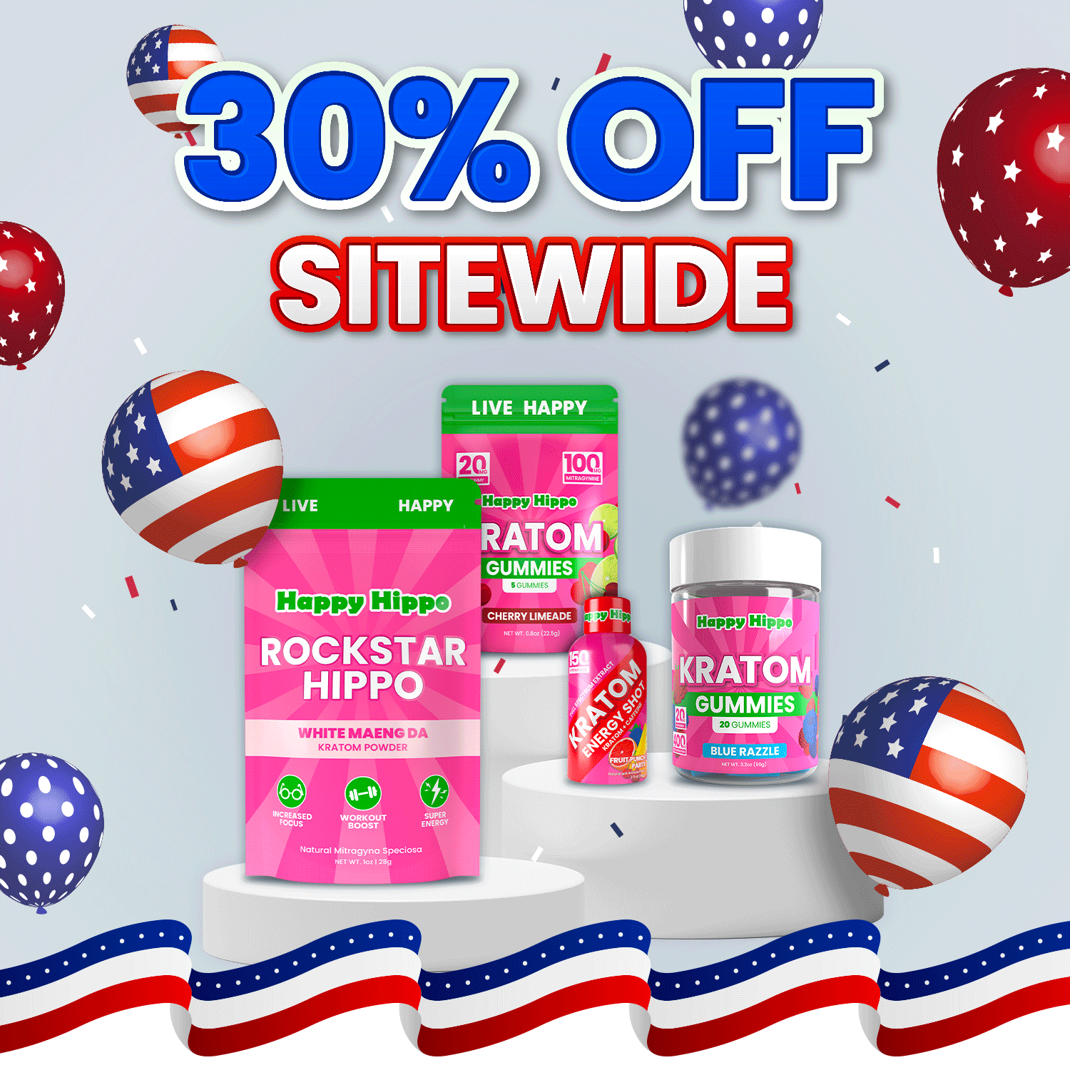 Patriotic banner promoting 30% off sitewide on kratom products with festive balloons