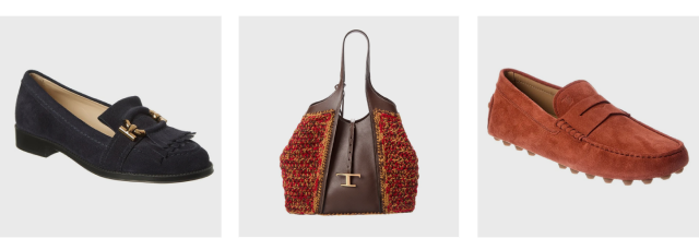 Advertisement for Tod's shoes and bags with an extra 15% off all styles.