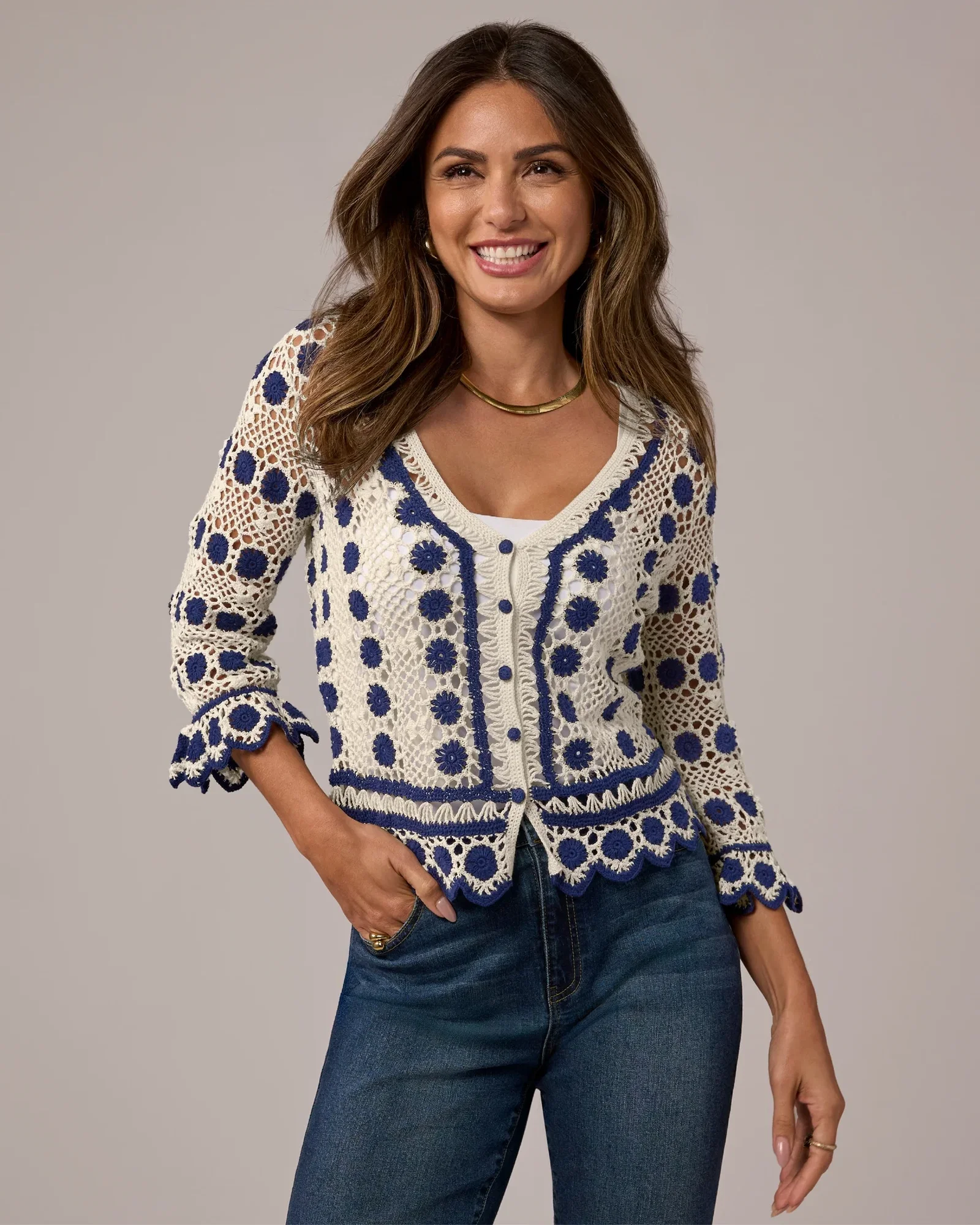 Image of V-Neck Scallop Crochet Cardigan Navy/White