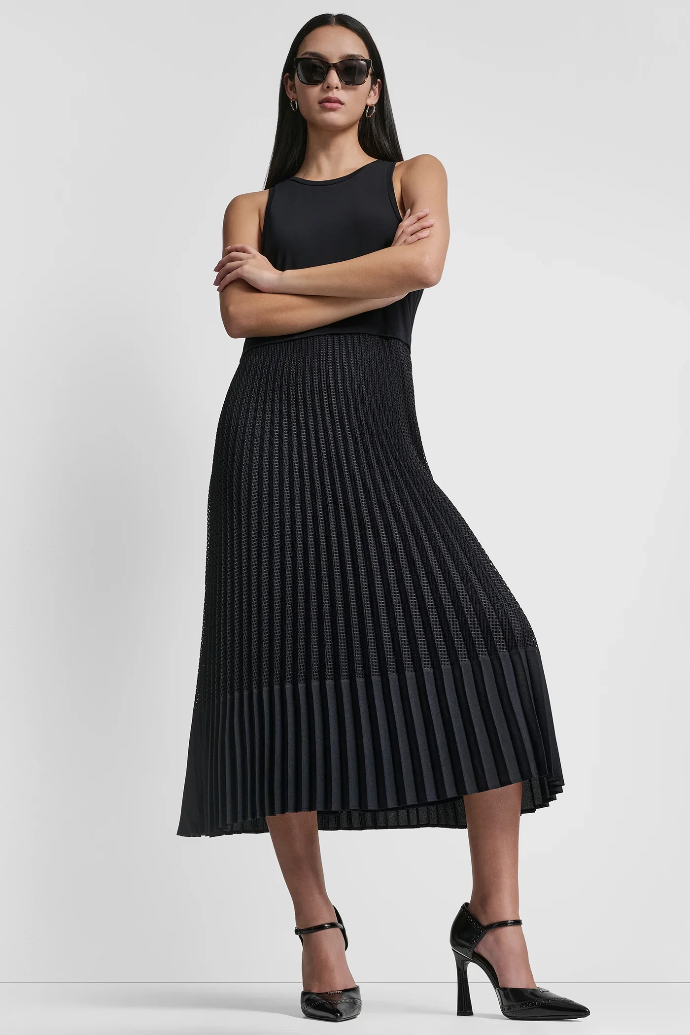 Image of PLEATED MIXED MEDIA MIDI DRESS