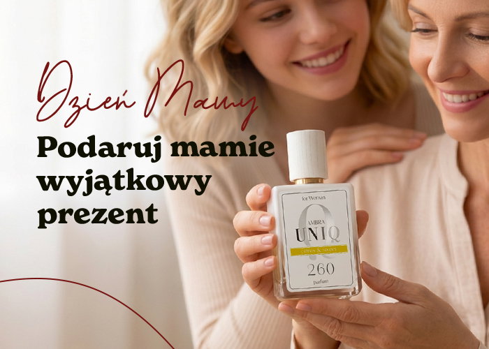 Mother and daughter smiling as daughter gives a perfume bottle labelled UNIQ 260 as a Mother's Day gift