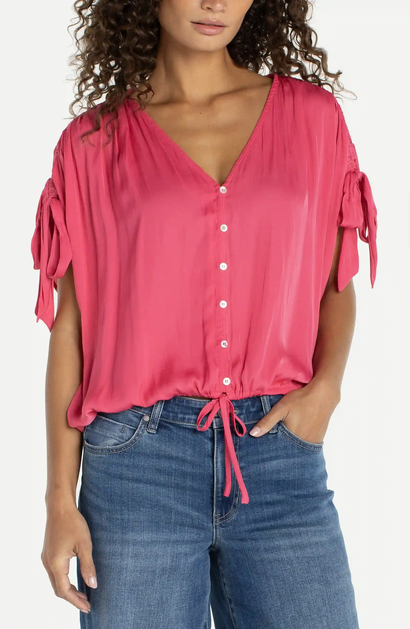 Image of DOLMAN V-NECK WOVEN TOP W/ TIES