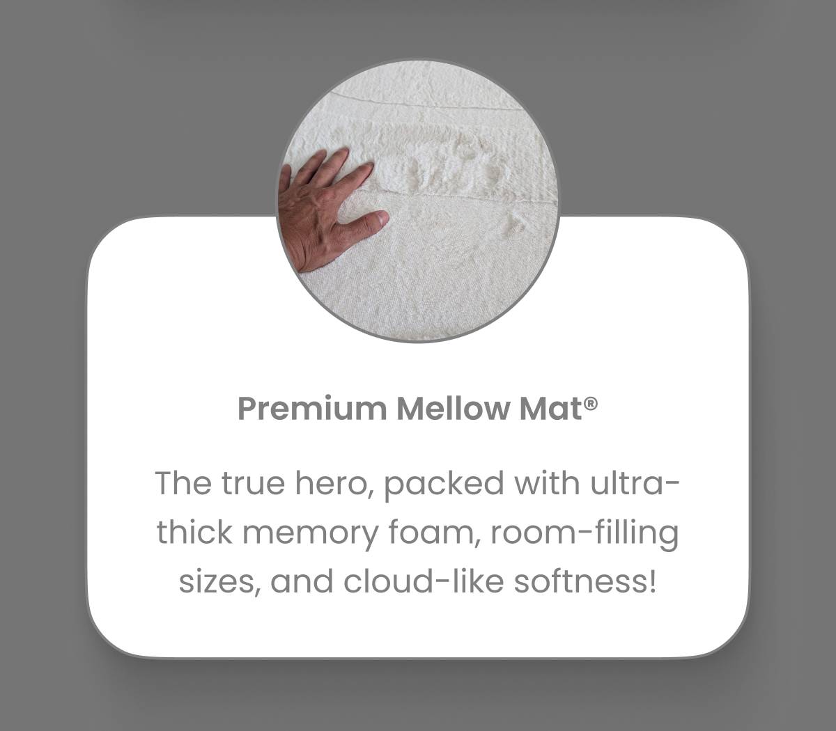 A close-up shot shows a hand pressing into a textured, off-white mat with visible stitching, with text overlaying a white rounded rectangle that reads...