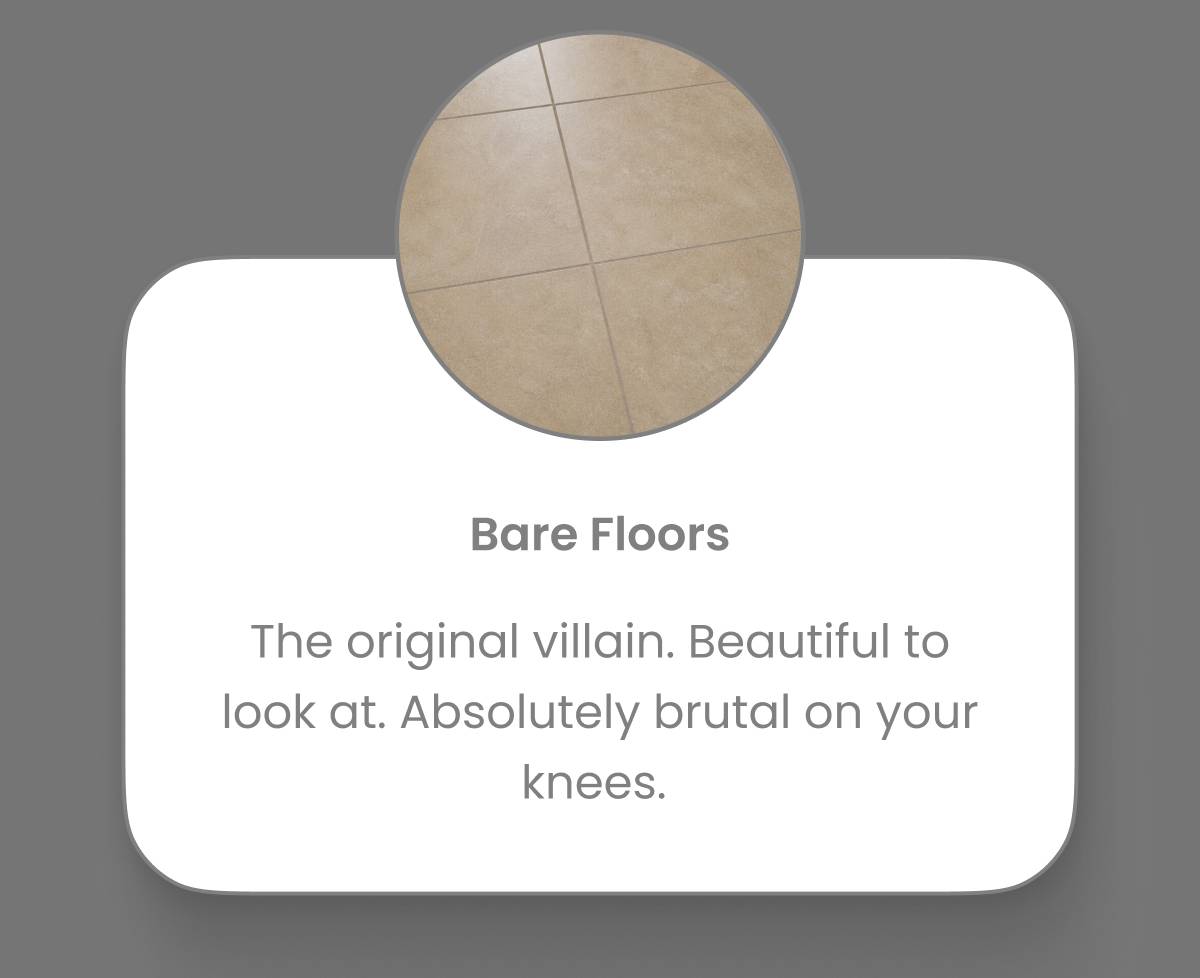 A circular inset image shows a close-up of beige tiled flooring with visible grout lines, overlaid on a white rounded rectangle containing the text 'B...