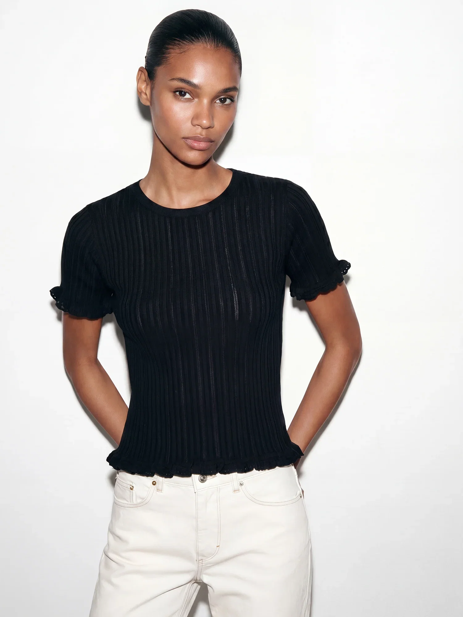 Image of Shortsleeves Rib Knit Ruffle Trim Top