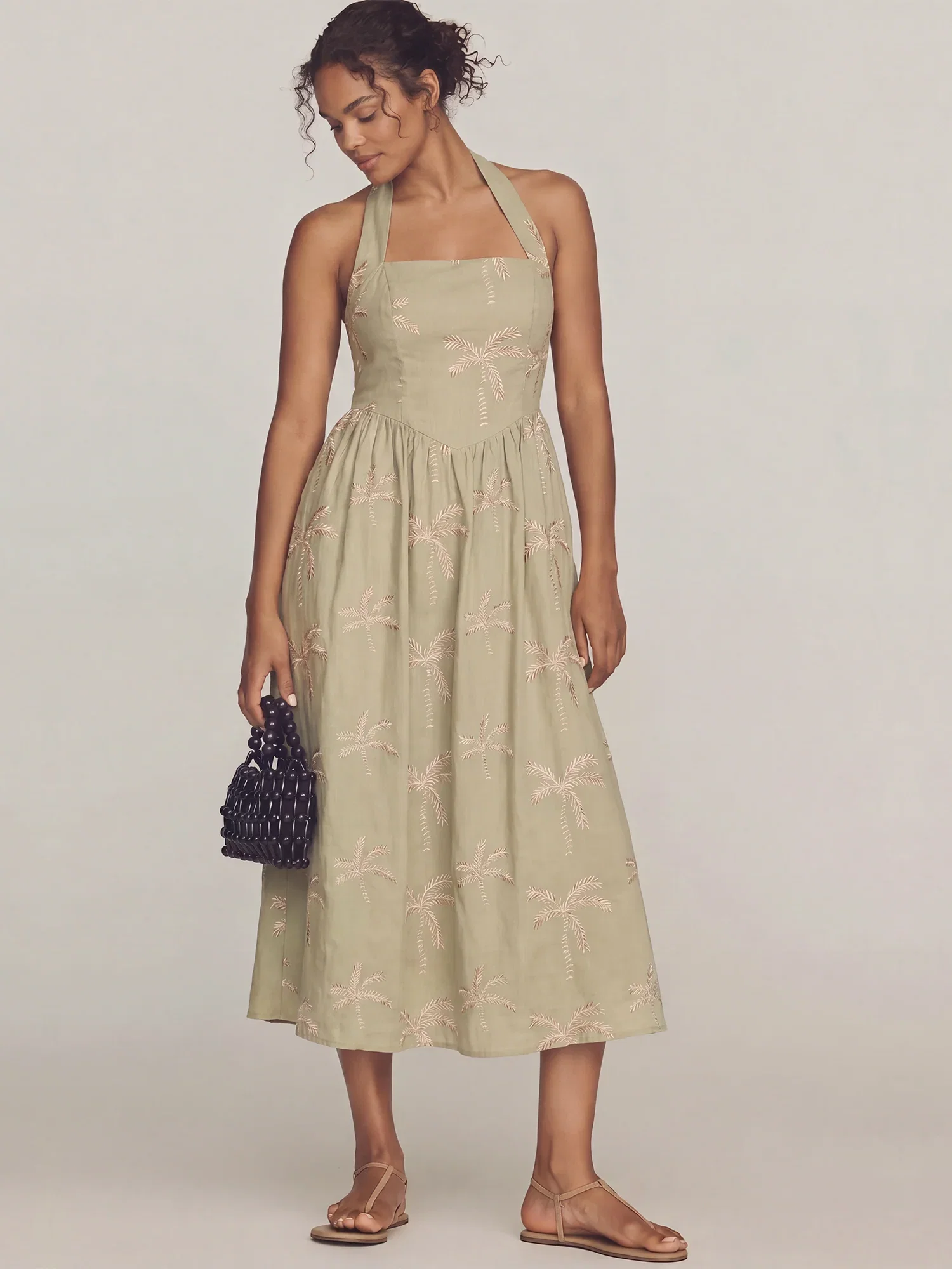 Image of Sleeveless Square Neck Palm Tree A Line Midi Dress