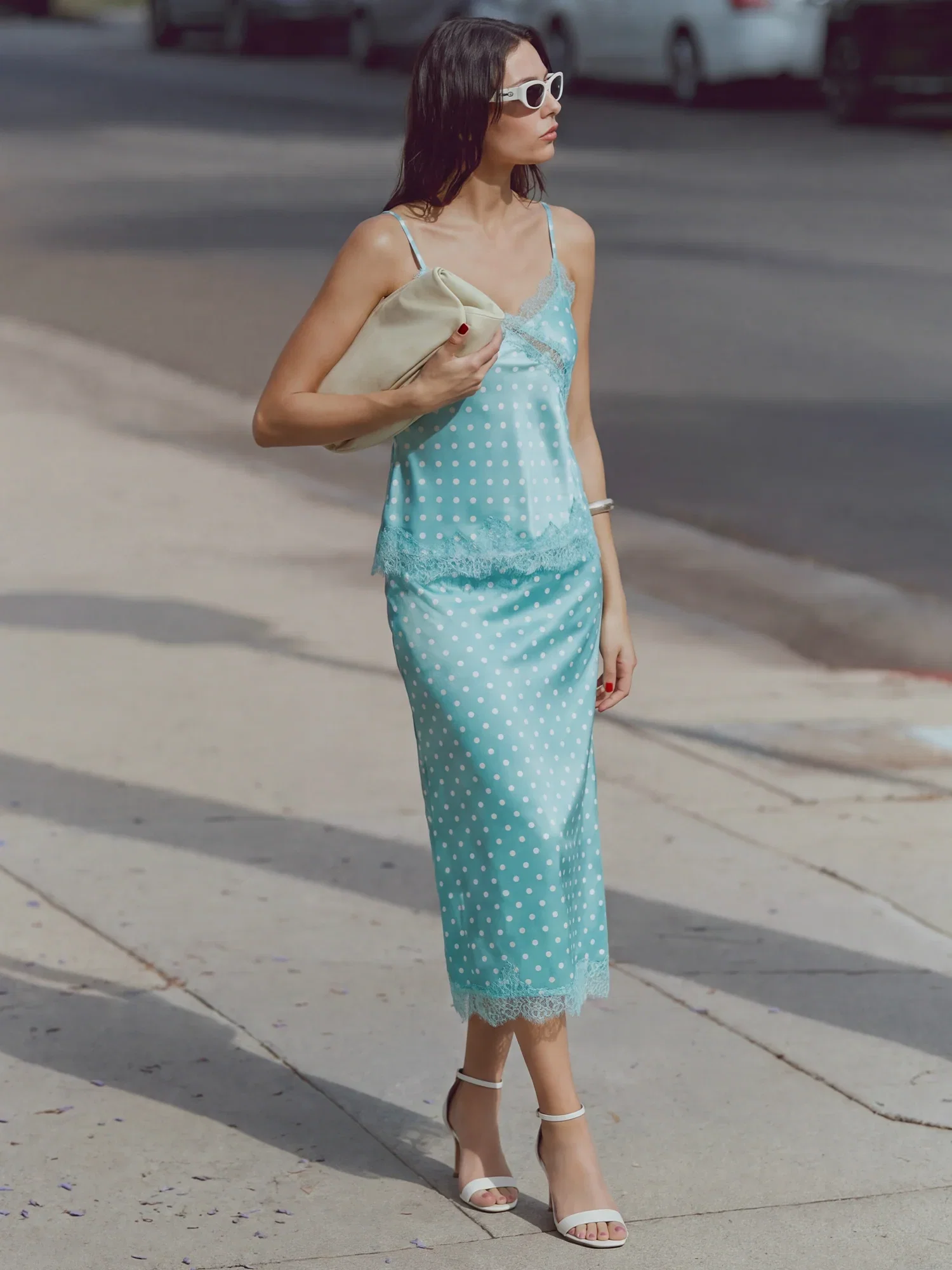 Image of Stretch Satin Polka Dot Lace Midi Slip Skirt