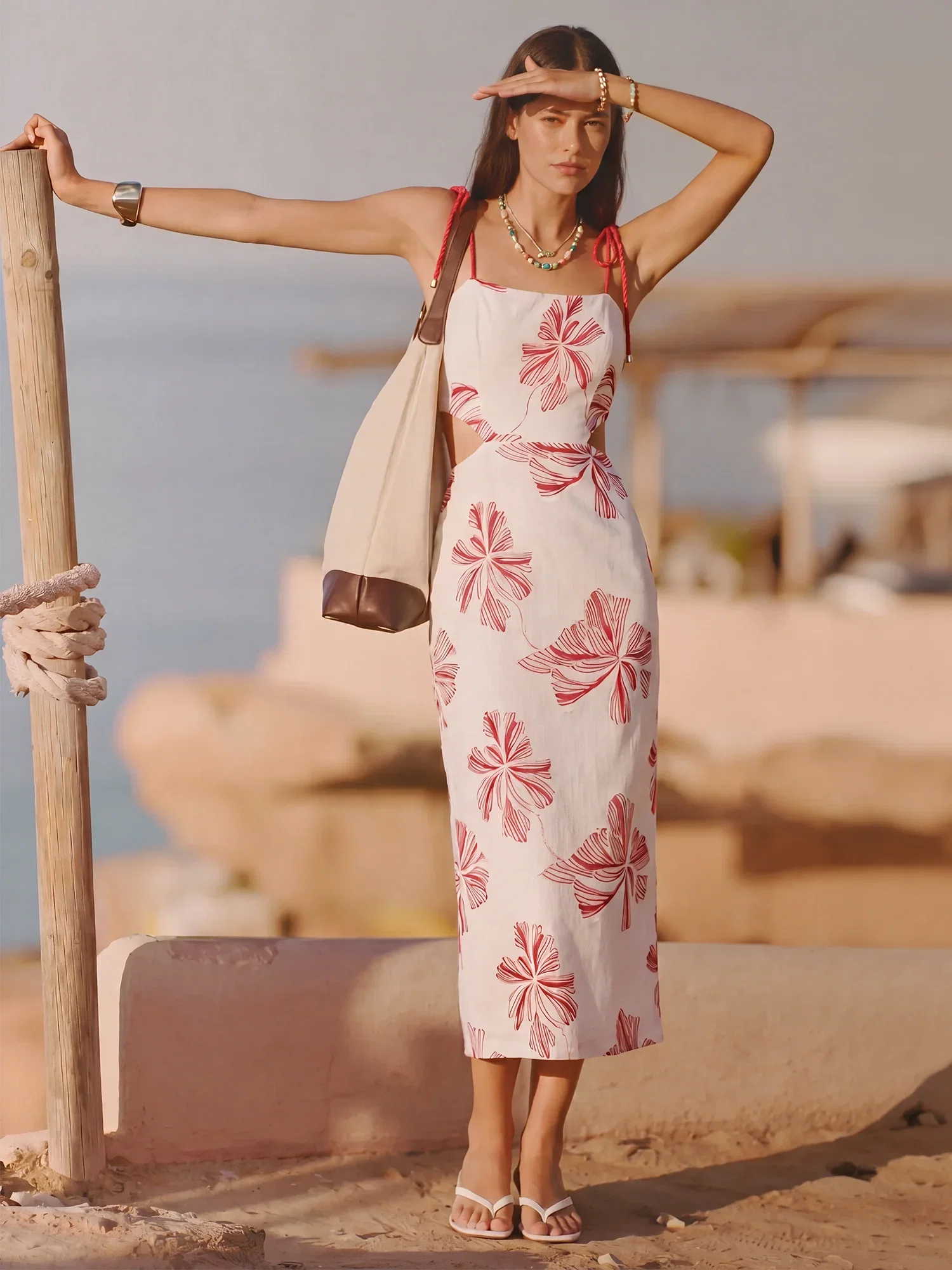 Image of Sleeveless Tie Strap Floral Side Cutout Sheath Maxi Dres