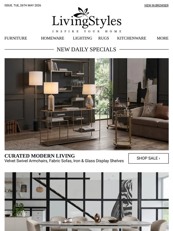 Velvet Swivel Armchairs, Fabric Sofas, Iron & Glass Display Shelves, Artificial Marble Top Dining Tables, Swivel Tub Chairs & Consoles, Oval Coffee...