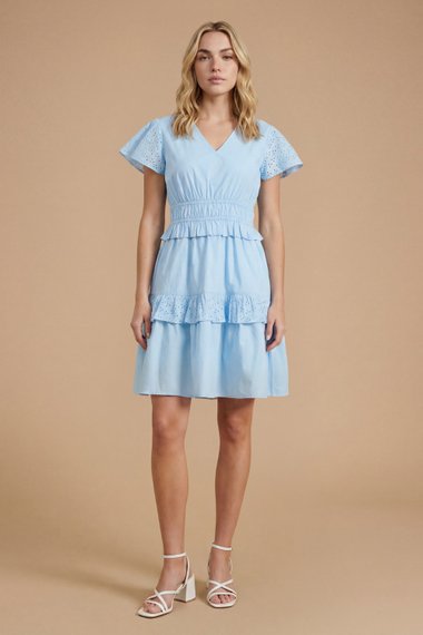 Frill Broderie Sleeve Tiered Hem Mini Dress