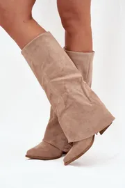 Slip On Suede Cowboy Boots with Fringes and Column Heel