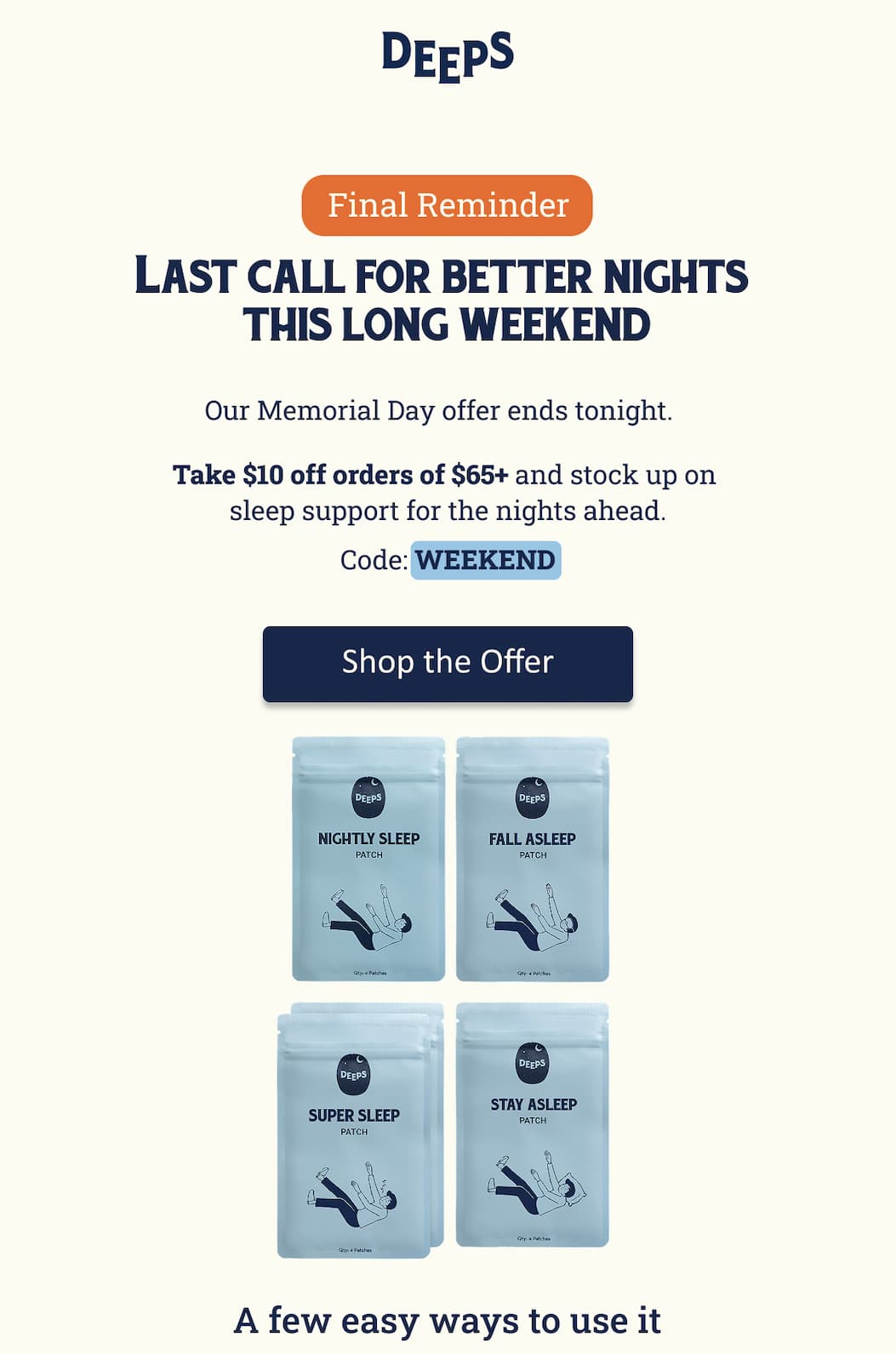 DEEPS Memorial Day sale email