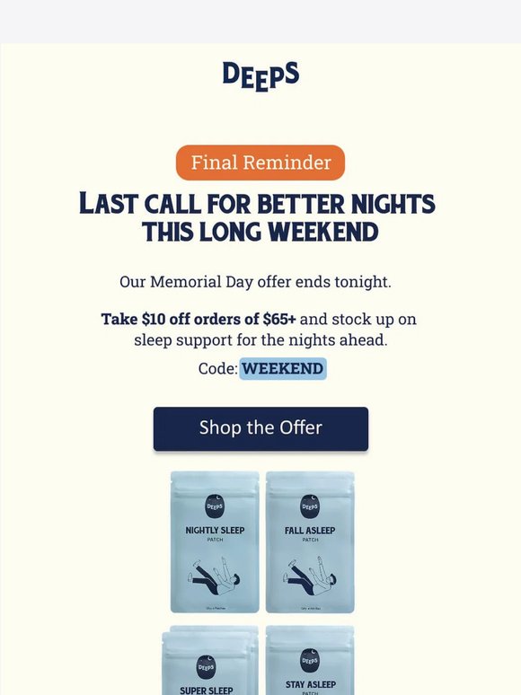 Last call: $10 off $65+