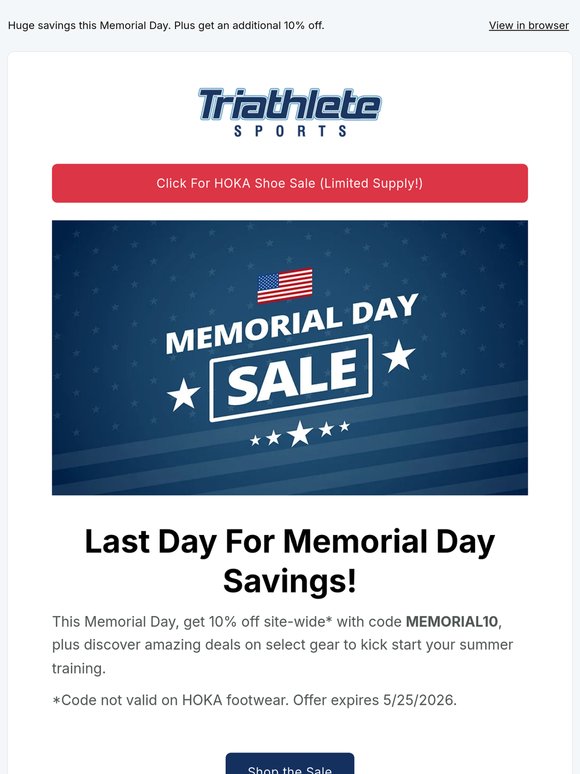 Last Day! 10% Off at Triathlete Sports This Memorial Day Sale!