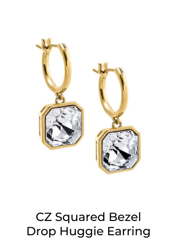 CZ Squared Bezel Drop Huggie Earring