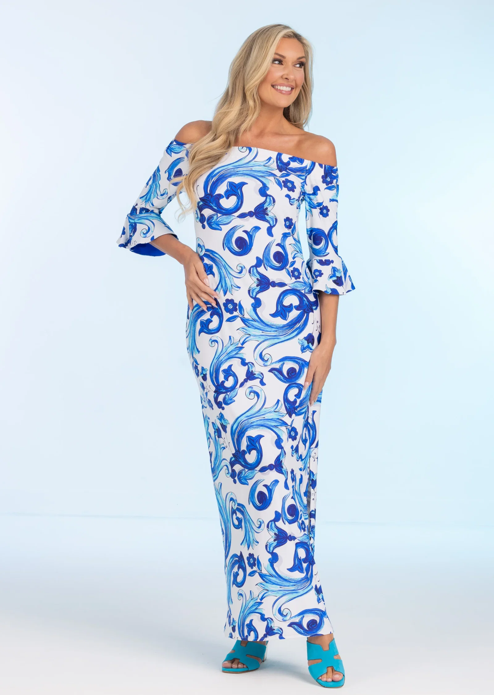 Image of Genova Long Off Shoulder Dress with Bell Sleeve (GN-685)