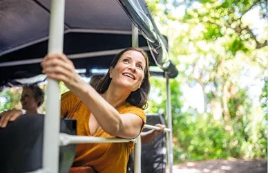Person holds rail on open vehicle, lush greenery around, bright daylight, casual outdoor travel setting.