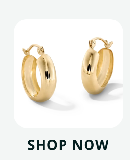 Pair of gold chunky hoop earrings with a smooth rounded surface. Click here to shop now