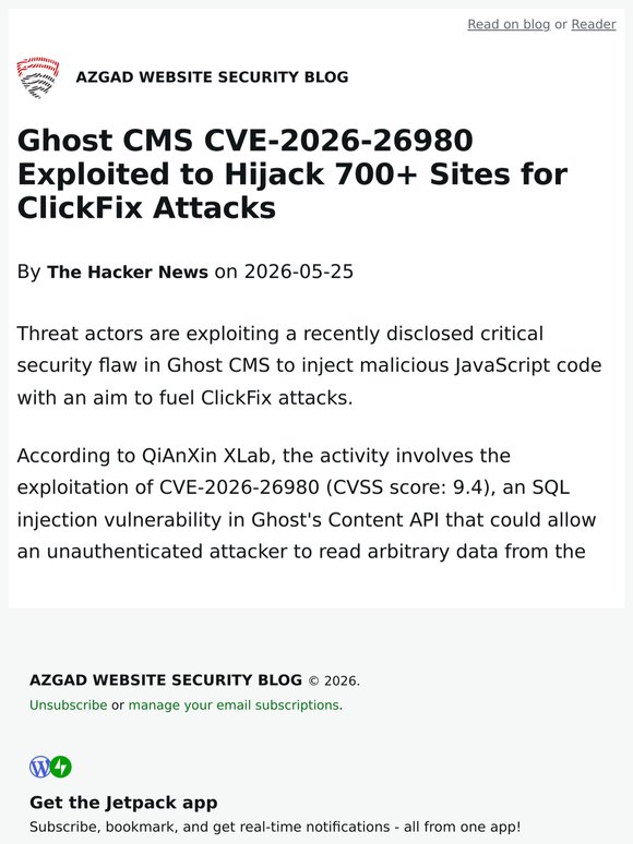 Ghost CMS CVE-2026-26980 Exploited to Hijack 700+ Sites for ClickFix Attacks