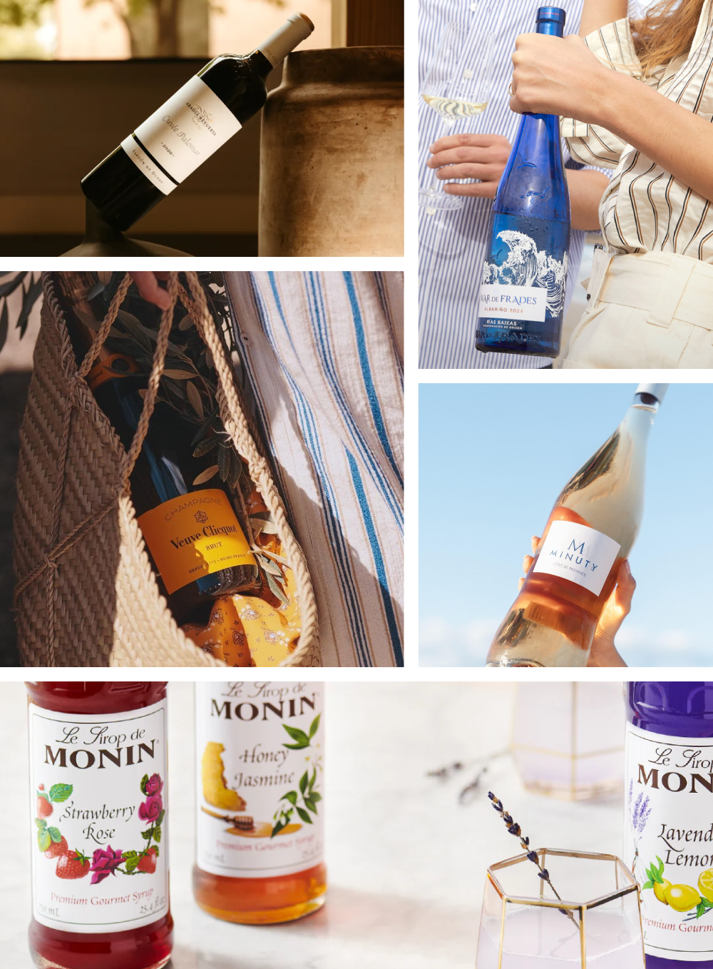 Collage of bottles: red wine, blue liqueur bottle, Veuve Clicquot in a tote, rosé against the sky, and Monin syrup bottles