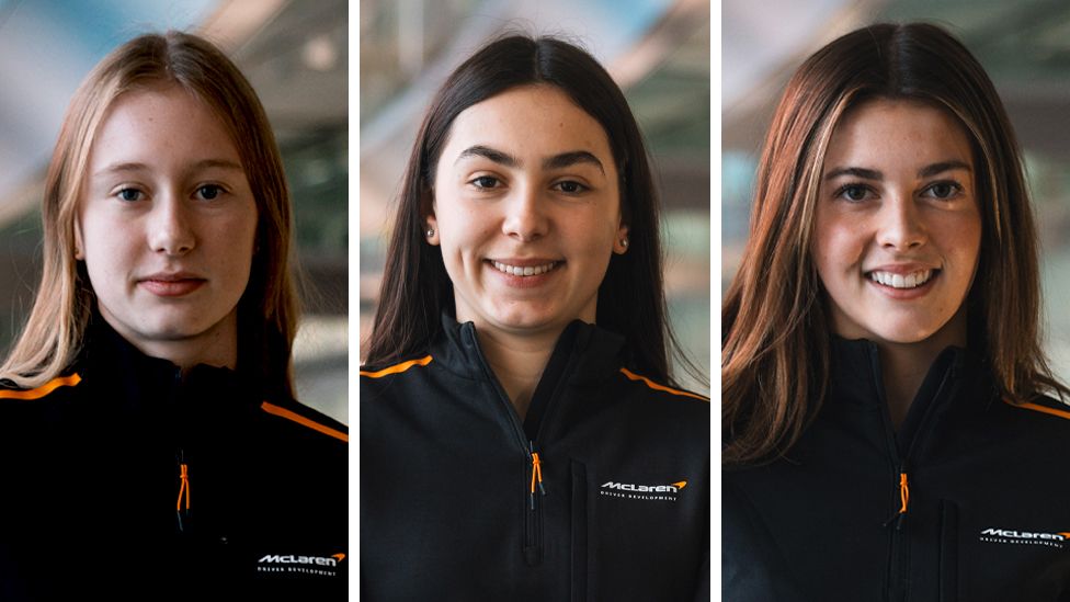 Three women racing drivers in a composite image. They are separated by a white block. Left to Right - Ella Häkkinen, Ella Lloyd and Ella Stevens. They are all wearing a black McLaren zip top with an orange line running down the shoulders.