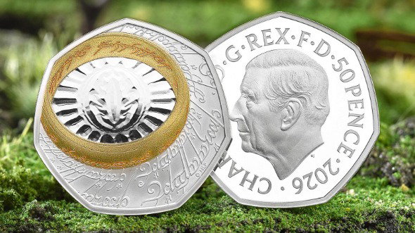 Both sides of the coin shown on a background of granite grey rock frosted in green lichen. The back of the coin on the left is silver with an etching in a Lord of the Rings script and language. A gold band, the one ring, is also inscribed in an Tolkien language, and sits slightly to the top left corner of the seven sided coin. it surrounds the eye of sauron, a slit etched onto the silver with an oval around it that is then surrounded by a fan of lines to the ring, making it look like the sun. the face of the coin, the right is the same as a 50p coin with a King Charles the third profile.