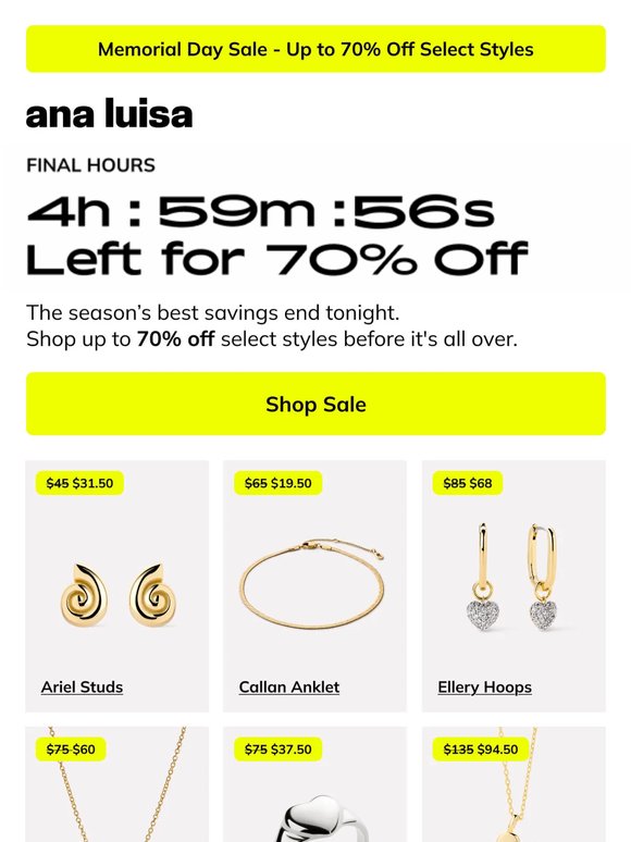 5 HRS LEFT: UP TO 70% OFF MEMORIAL DAY SALE