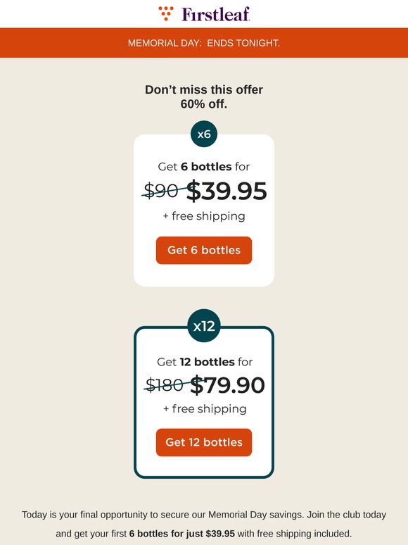 Last chance: 6 bottles for $39.95 ends tonight.