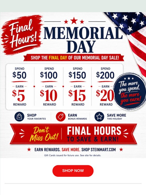FINAL HOURS: Memorial Day Savings End Tonight