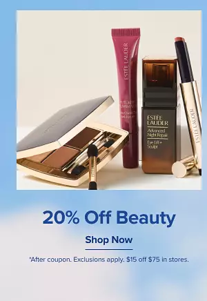20% off beauty. Shop now. After coupon. Exclusions apply. $15 off $75 in stores. Various beauty products.