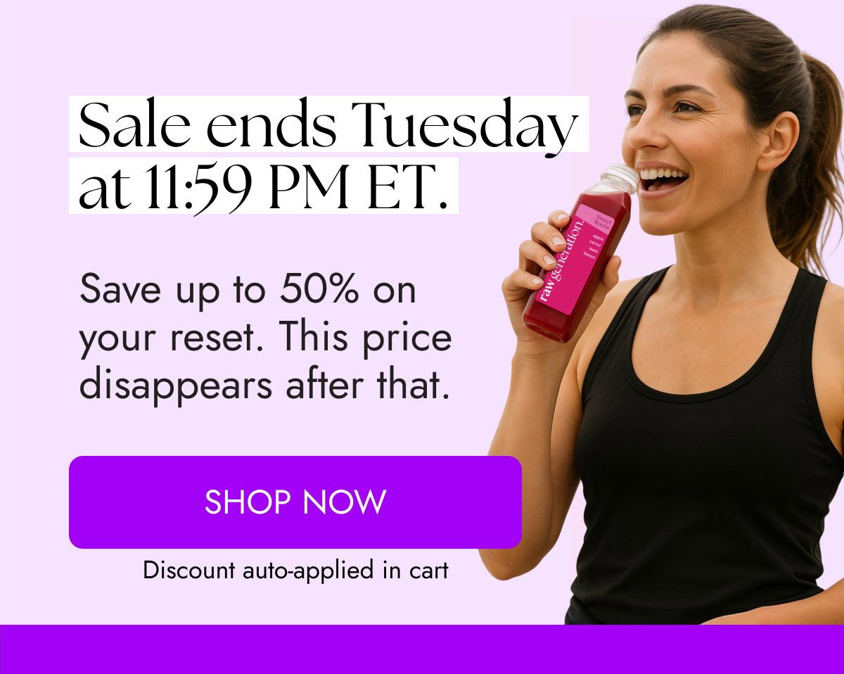 Woman smiling while holding a drink, with sale details and discount information.