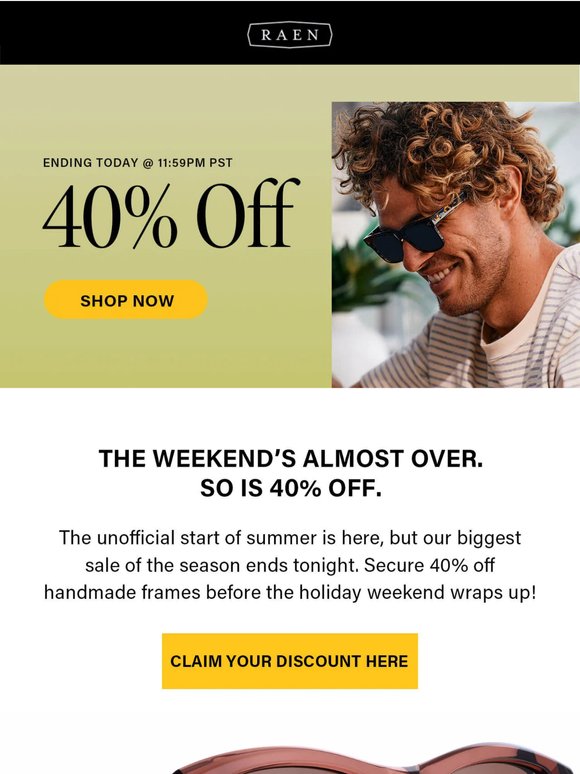 ⏰ Your 40% off code expires soon! Save on handcrafted sunglasses!