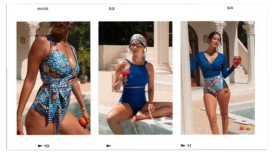 Three medium shots of women in swimwear, with the text 'MADE', '53', and '54' visible above each image, and '10' and '11' visible below the left and r...