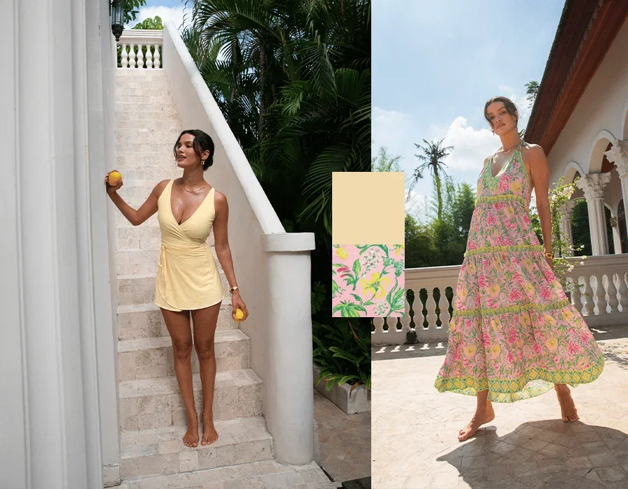 A woman in a yellow wrap dress stands on stone stairs holding lemons, while another woman in a pink floral maxi dress stands on a patio with a white r...