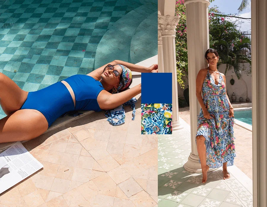 A split image shows two women in bright, patterned clothing in an outdoor setting with a pool. The left side features a woman in a blue one-piece swim...